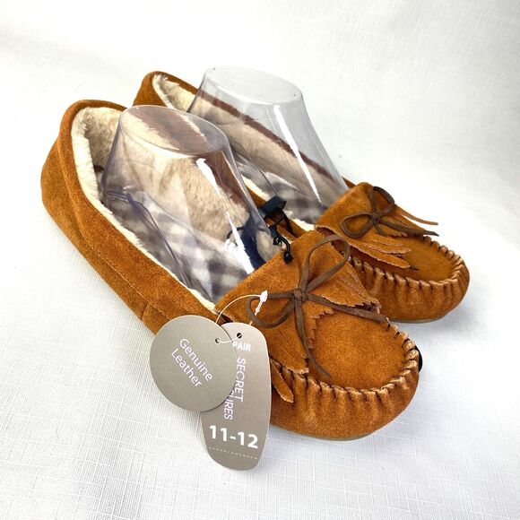 NEW w TAGS Secret Treasures Brown Suede Moccasins Fur Plaid Memory Foam Sz 11-12 - Picture 1 of 15